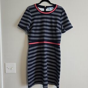 Draper James Navy Blue and White Patterned Mini Dress with Pink Trim Size L